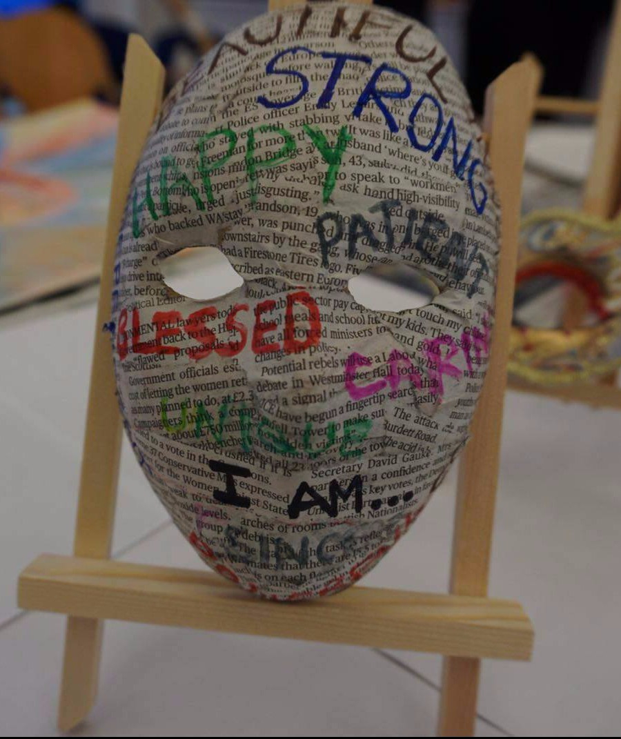 art workshop using masks and words to express emotions www.helensjourney.com