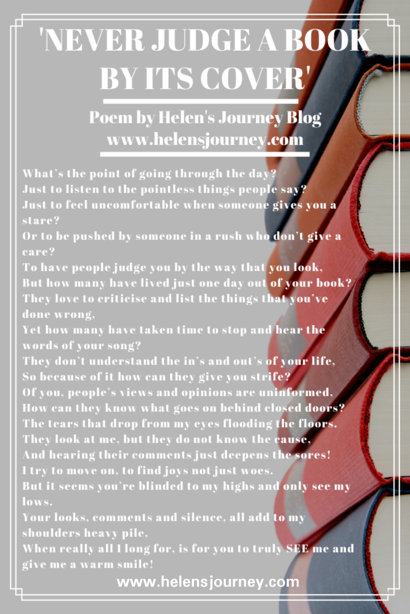 'Never Judge A Book By It's Cover' poem by Helen's Journey Blog to encourage us to be kind to each other