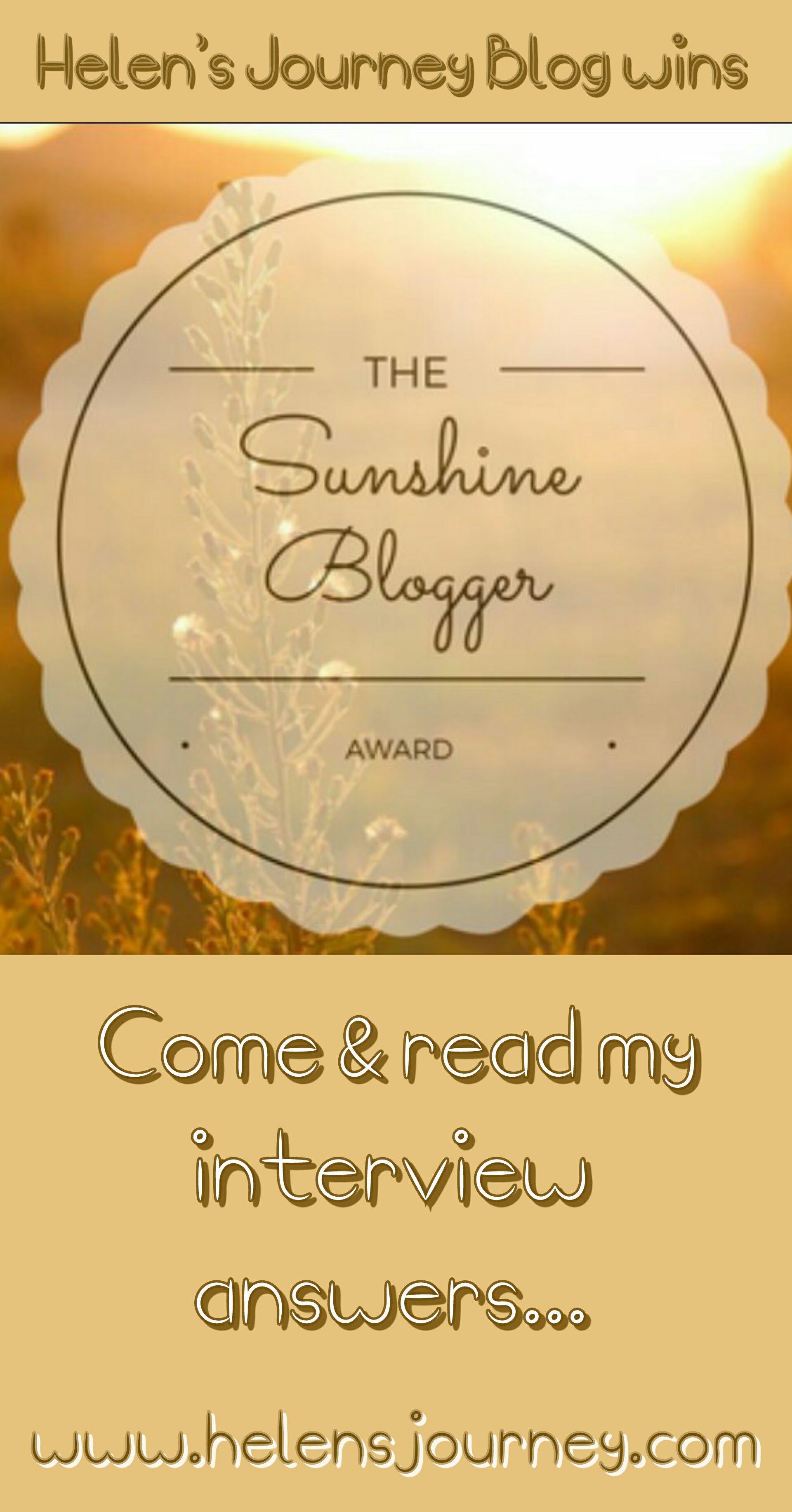 helens journey blog wins sunshine blogger award. Award logo & invite to read interview answers