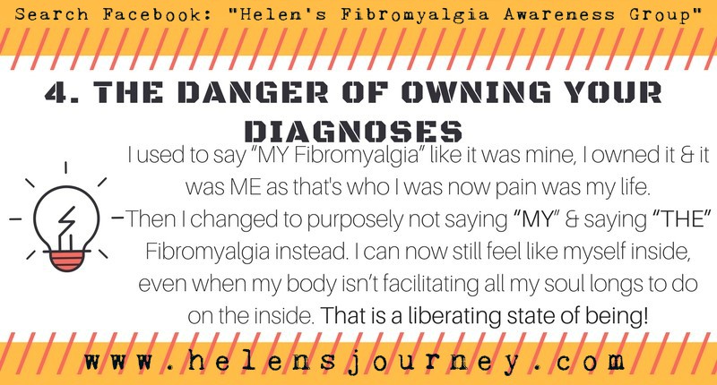 no4 life lessons of chronic illness infographic Helen's Journey blog www.helensjourney.com with web link to Helen's Fibromyalgia Awareness Group on Facebook