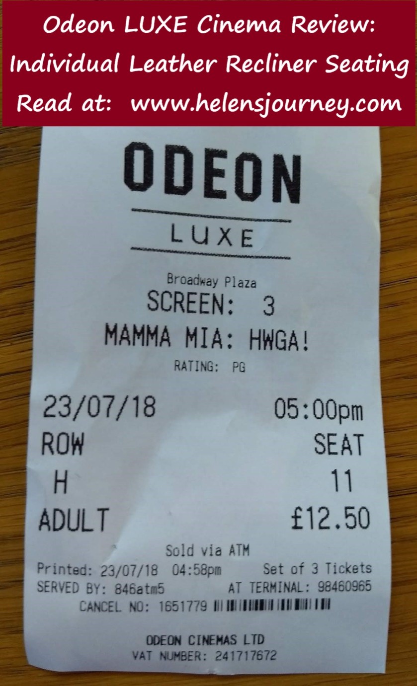 review of watching Momma Mia here we go again film in an odeon luxe cinema with leather recliner chairs, by Helen's Journey Blog www.helensjourney.com