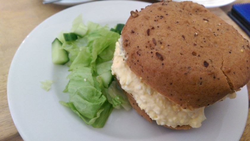 egg mayonnaise gluten free roll in Kirkstall Abbey visitor centre café. read the full review of this free day out in Leeds by Helen's Journey Blog