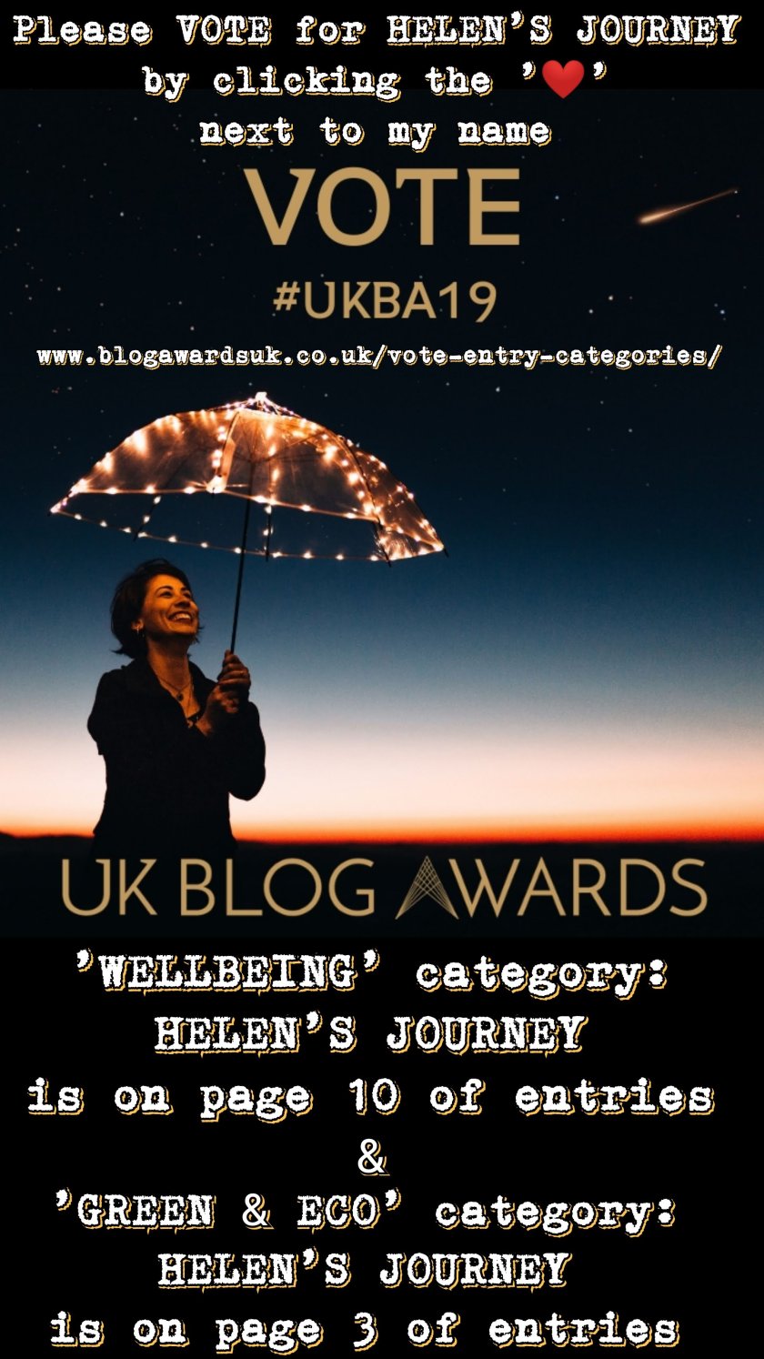vote for helen's journey blog in the uk blog awards 2019 in category of wellbeing and also in the category of Green and Eco. voting instructions